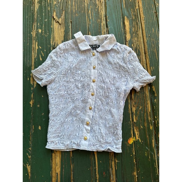 J. Crew Tops - J.Crew Blue Smocked Short Sleeve Button Up Top Gold Crest Buttons XXS